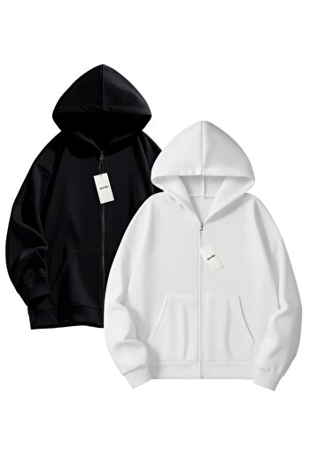 pandy 2-Piece Black - White Hooded Unisex Zippered Sweatshirt / Cardigan