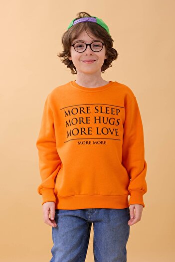 Perendi Unisex Children's Crew Neck Sweatshirt with Print Detail and Fleece Inside – Orange