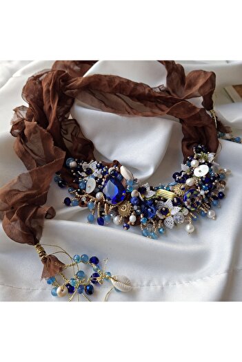 azra takı tasarım Handmade Silk Natural Pearl Natural Stone Needlepoint Coffee Parlament Blue Women's Long Scarf
