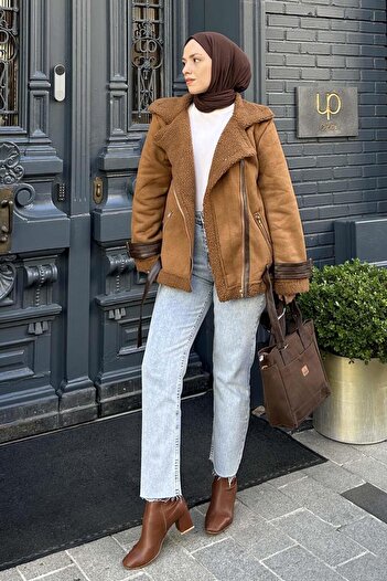 lamelif Μπουφάν Biker Suede με επένδυση από γούνα TABA