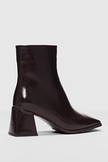 selinshoes Aris Front Line Detailed Blunt Toe Women's Boots-Brown Patent Leather