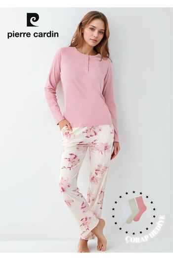 Pierre Cardin Women's Clothing Button Detail Modal & Cotton Long Sleeve 2-Piece Pink Pajama Set L1.Pc.9055.001