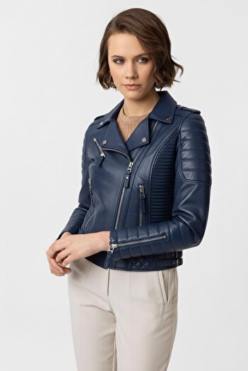 Deriderim Navy Blue Laney Biker Biker Women's Zippered Lined Stitched Epaulet Short Genuine Leather Coat
