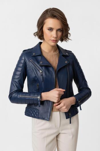 Deriderim Navy Blue Laney Biker Biker Women's Zippered Lined Stitched Epaulet Short Genuine Leather Coat