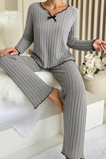 ELİTOL Gray Cotton Sleepwear Set with Bow Detail