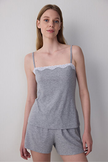 Penti Gray Mélange Lilah Lace Detailed Adjustable Strap Shorts Pajama Set