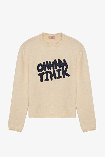 Quzu Crew Neck Text Patterned Knitwear Sweater Ecru