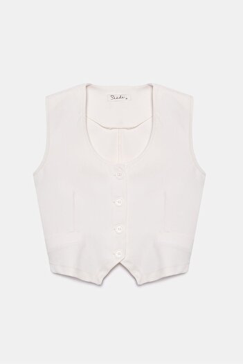 Saade Ecru Women's Pocket and Piping Detailed U-Neck Buttoned Woven Vest - Unlined