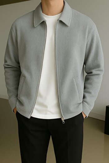 İLKCET MODA Men's Zippered Seasonal Comfortable Cut Gray Knitwear Jacket