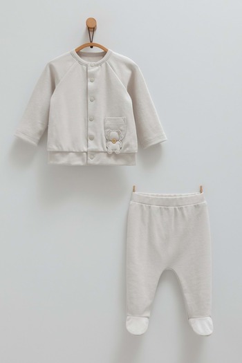 DIGERUI Cute Bear Front Zippered Pocket Detail Bottom Top Set Gray