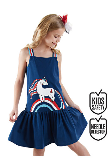 Denokids Marineblaues Mädchenkleid mit Einhornmotiv