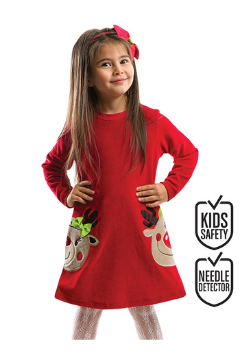 Denokids Twin Deer Girls bársonypiros karácsonyi ruha