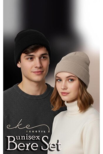 Eke Tekstil Unisex Katlamalı TAŞ,SİYAH 2'Lİ Bere Seti EKEBERESETİ2LİYENİ