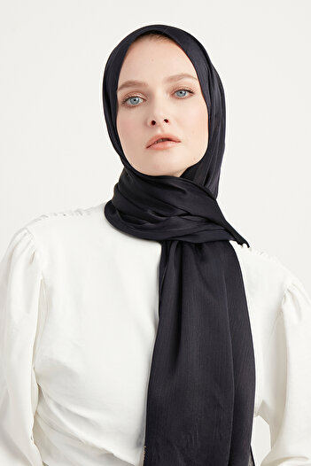 Şaless Janjan Patterned Hijab Evening Dress Crinkle Shawl - Dark Navy, 70X190Cm