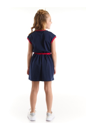 MSHB&G Marineblaues Sommerkleid für Mädchen – Gummibund, Pailletten und kirschrote Baumwolle