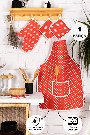 Morlay Kitchen Dowry Set of 4; Kitchen Apron, Oven Mitts and Pot Holder Set