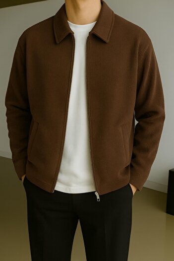 İLKCET MODA Men's Zippered Seasonal Comfortable Fit Brown Knitwear Jacket