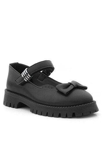 Rakerplus Black Matte Thick Sole Metal Detailed Velcro Girls' Ballerinas