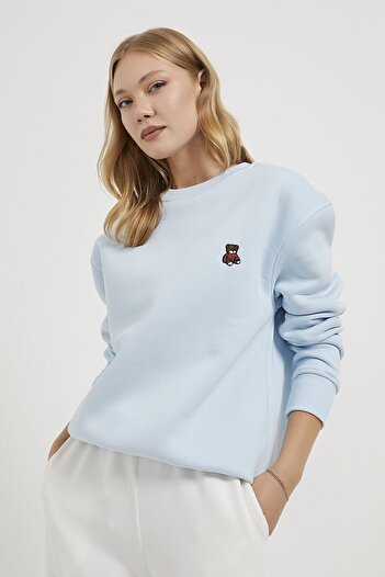 Arma Life Women's Teddy Bear Embroidery Embroidered Blue Casual Sweatshirt