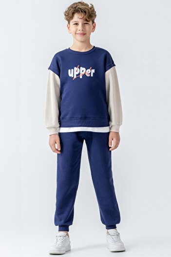 AHENGİM Boy's Upper Printed 3 Thread Thick Winter Tracksuit Set Ak4231