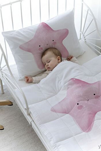 Tuğba Kuğu Organic Printed Baby (100X150) Quilt Set - Pure Baby Series - Fluffy Pink Star