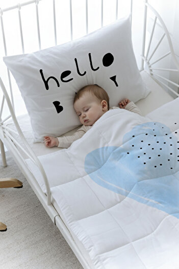 Tuğba Kuğu Organic Printed Baby (100X150) Quilt Set - Pure Baby Series - Blue Romantic Heart