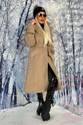 WildFashion Long, elegant coat with a drawstring waist in beige color H733-15