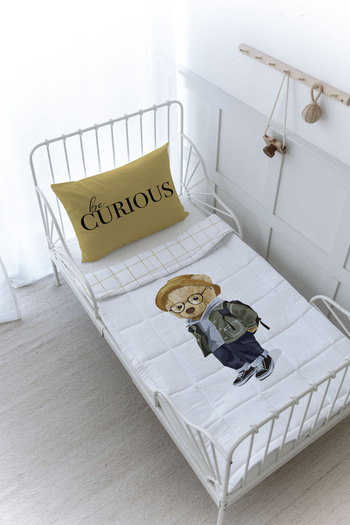 Tuğba Kuğu Organic Printed Baby (100X150) Quilt Set - Pure Baby Series - Teddy Bear with Glasses
