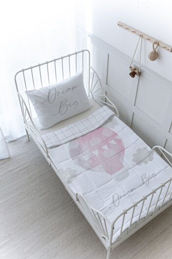 Tuğba Kuğu Organic Printed Montessori (100X200) Quilt Set - Pure Baby Series - Cloudy Pink Air Balloon