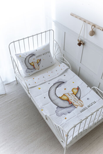 Tuğba Kuğu Organic Printed Montessori (100X200) Quilt Set - Pure Baby Series - Duck Sleeping on the Moon