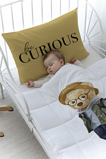 Tuğba Kuğu Organic Printed Baby (100X150) Quilt Set - Pure Baby Series - Teddy Bear with Glasses