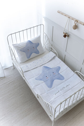 Tuğba Kuğu Organic Printed Baby (100X150) Quilt Set - Pure Baby Series - Fluffy Blue Star