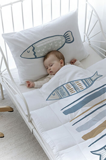 Tuğba Kuğu Organic Printed Montessori (100X200) Quilt Set - Pure Baby Series - Baby Fish