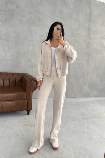 Seda Yalçın Atelier Stone Zippered Modal Suit with Green Front