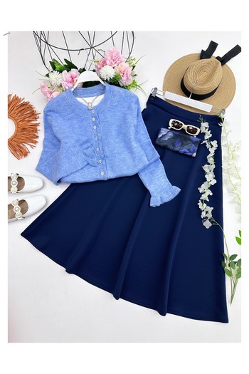 YEDİLALE Flower Buttoned Cardigan Creepe Skirt Double Set [Cardigan Std, Skirt Size]