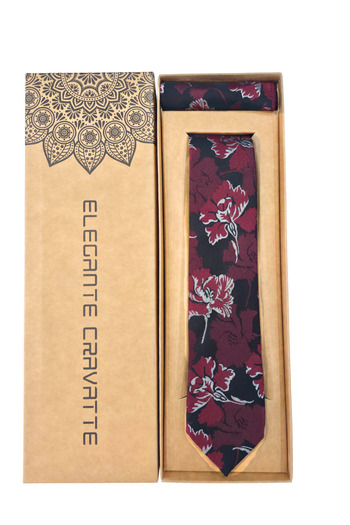 Elegante Cravatte Slim Fit Floral Pattern Burgundy Color Tie - Special Boxed