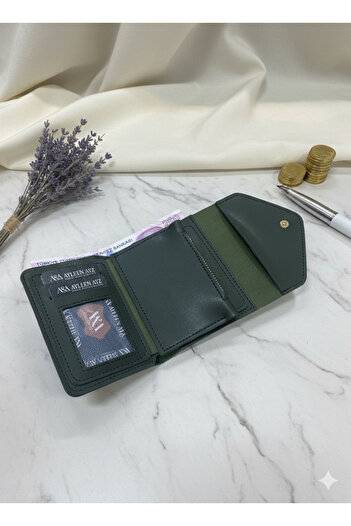 Ayleen Ayz Women's Soft Leather Stylish Khaki Green Wallet Card Holder Accessory with Snap Fasteners and Zippers.