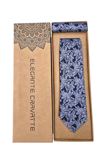 Elegante Cravatte Navy Blue Color Leaf Patterned Tie - Special Boxed