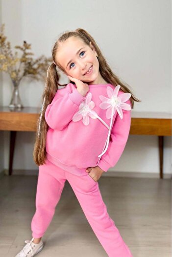 Riccotarz Girl's Floral Accessory Sweater Cuffed Pink Tracksuit Set