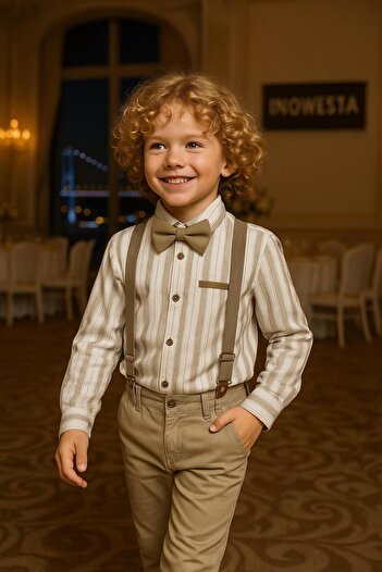 inowesta Children's Salopet Set | Shirt Salopet Pants Bow Tie-4'Pieces |