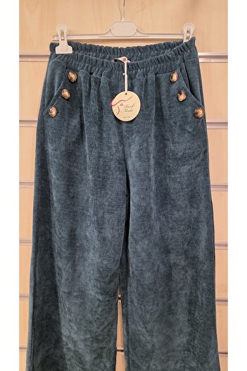 Park Moda Wide Leg Velvet Pants with Button Detail