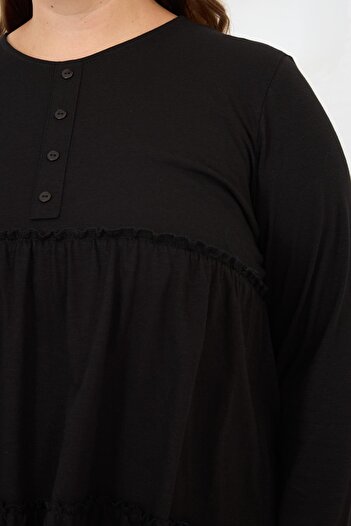 RMG Button Detailed Ruffled Plus Size Tunic Black