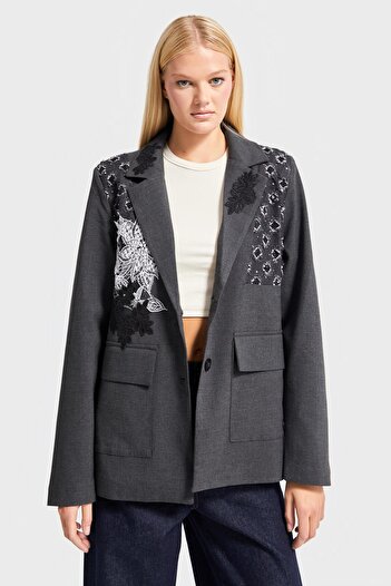 its basic Women's Anthracite Color Double Breasted Fit Loose Cut Embroidered Special Design Jacket