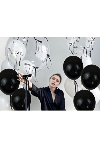 Çemrek Süs Parti Black and White Transparent Bow Balloon Bundle Set of 15