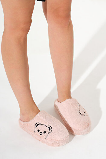 Tonny Black Women's Powder Teddy Bear Patterned Closed-Front Plush House Slippers