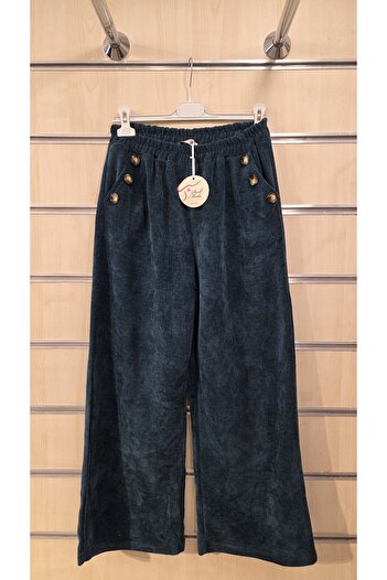 Park Moda Wide Leg Velvet Pants with Button Detail
