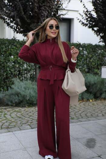 QİMYA BUTİK Buketli̇ Women's Jacket, Skirt and Trousers Set with Pleated Detail and Belted Two-Piece Set