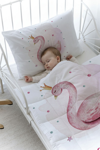 Tuğba Kuğu Organic Printed Montessori (100X200) Quilt Set Quilt Set - for Baby Series - Swan on Pink Background