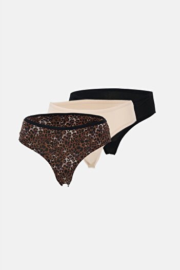 Eros Beige-Black Women's 3-Piece Patterned Brazilian Panties with Lace Detail on the Back