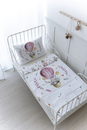 Tuğba Kuğu Organic Printed Montessori (100X200) Quilt Set Quilt Set - for Baby Series - Elephant in a Pink Balloon